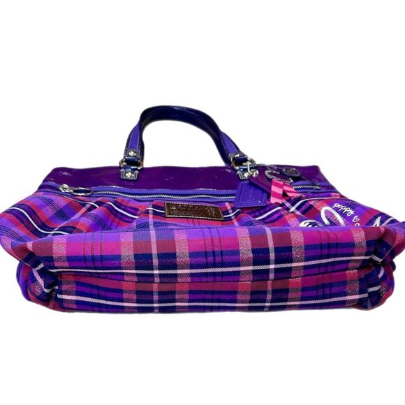 Coach Limited Edition Poppy Purple Tartan Plaid Large Glam Tote Bag - Picture 5 of 10